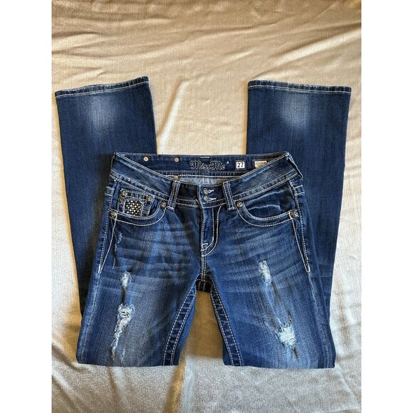 Miss Me Jeans Sz 27 Boot Rhinestone Belt Sparkle Flap Pocket Lo Rise Medium Wash - Picture 6 of 10